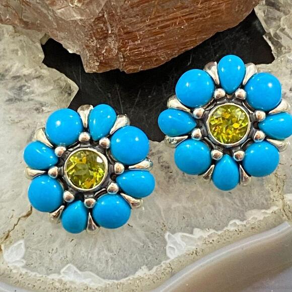 Carolyn Pollack Sterling Silver Turquoise & Faceted Peridot Flower Stud Earrings - Picture 4 of 9